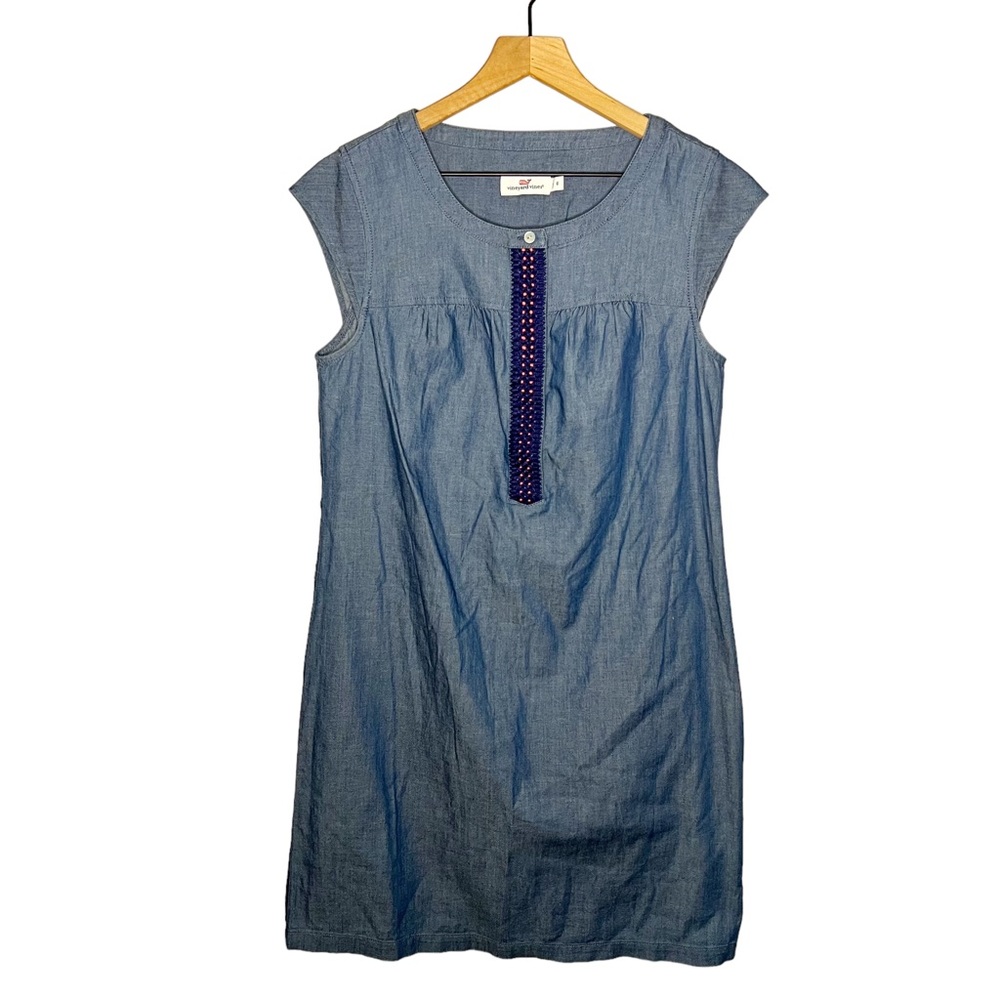 Vineyard Vines Cap Sleeve Chambray Embroidered Shirt Dress in Blue 6